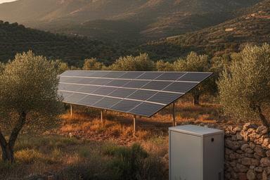Sistema solar aislado con baterías de litio instalado en una finca de la Sierra Norte de Sevilla
